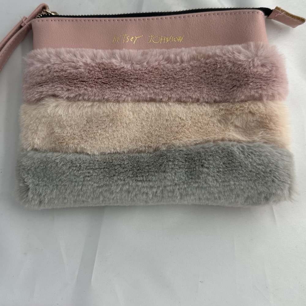 Betsey Johnson Pink/Grey Faux Fur Wristlet Wallet Pouch